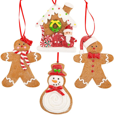 Gingerbread Claydough Christmas Ornaments - Man Boy Girl House Snowman Cookie Decorations Set of 4 -