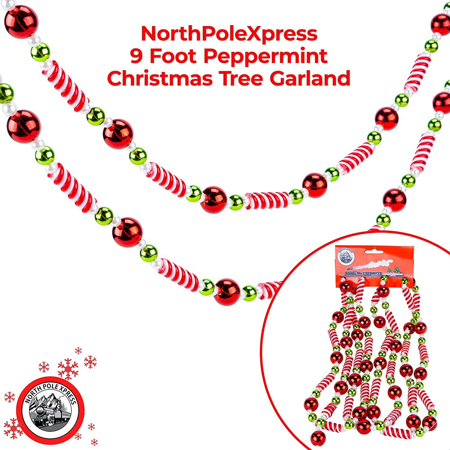 8.8 Ft Christmas Bead Garland Decor, Acrylic Red White Green Peppermint  Christmas Decor, Farmhouse Candy Bead Christmas Garland, Christmas Tree  Decor