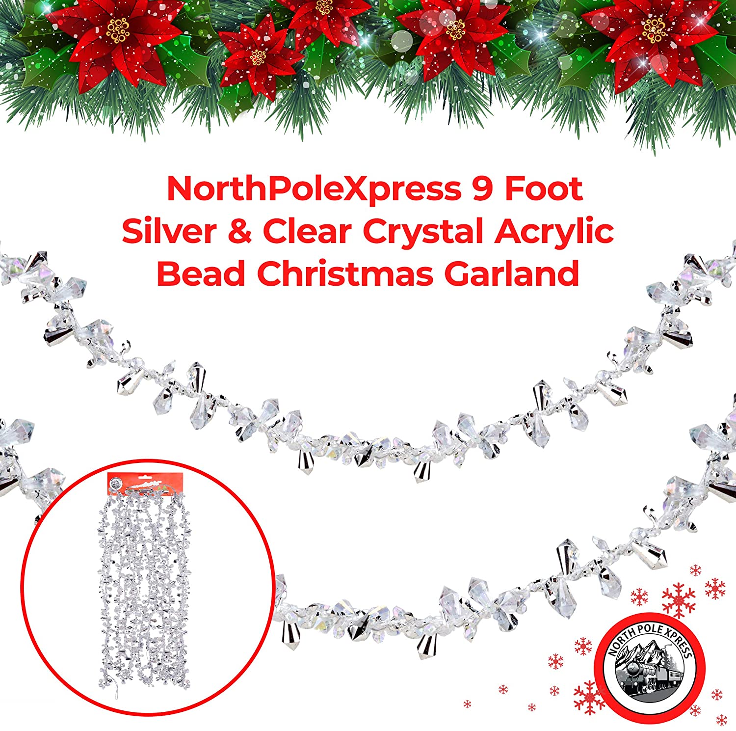 Iridescent Silver and Clear Crystal Bead Garland, 9 feet