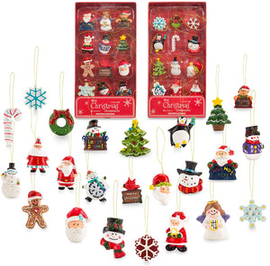 Mini Resin Christmas Ornaments Set of 24 - 2 boxes - Rustic Christmas Decorations - Small Miniature Christmas Tree Ornaments - Santa Snowman Gingerbread Angel with Gift Box!