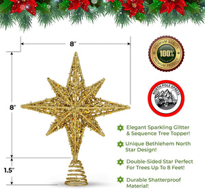 8 Inch Bethlehem Glitter Gold Star Christmas Tree Toppe