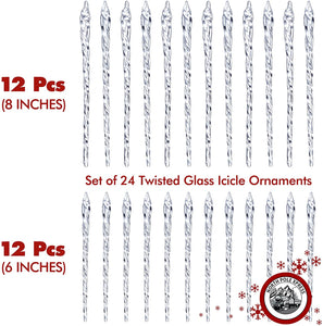 LARGE Twisted Clear Crystal Glass Icicles, 24-Piece Box Set, 6" AND 8"