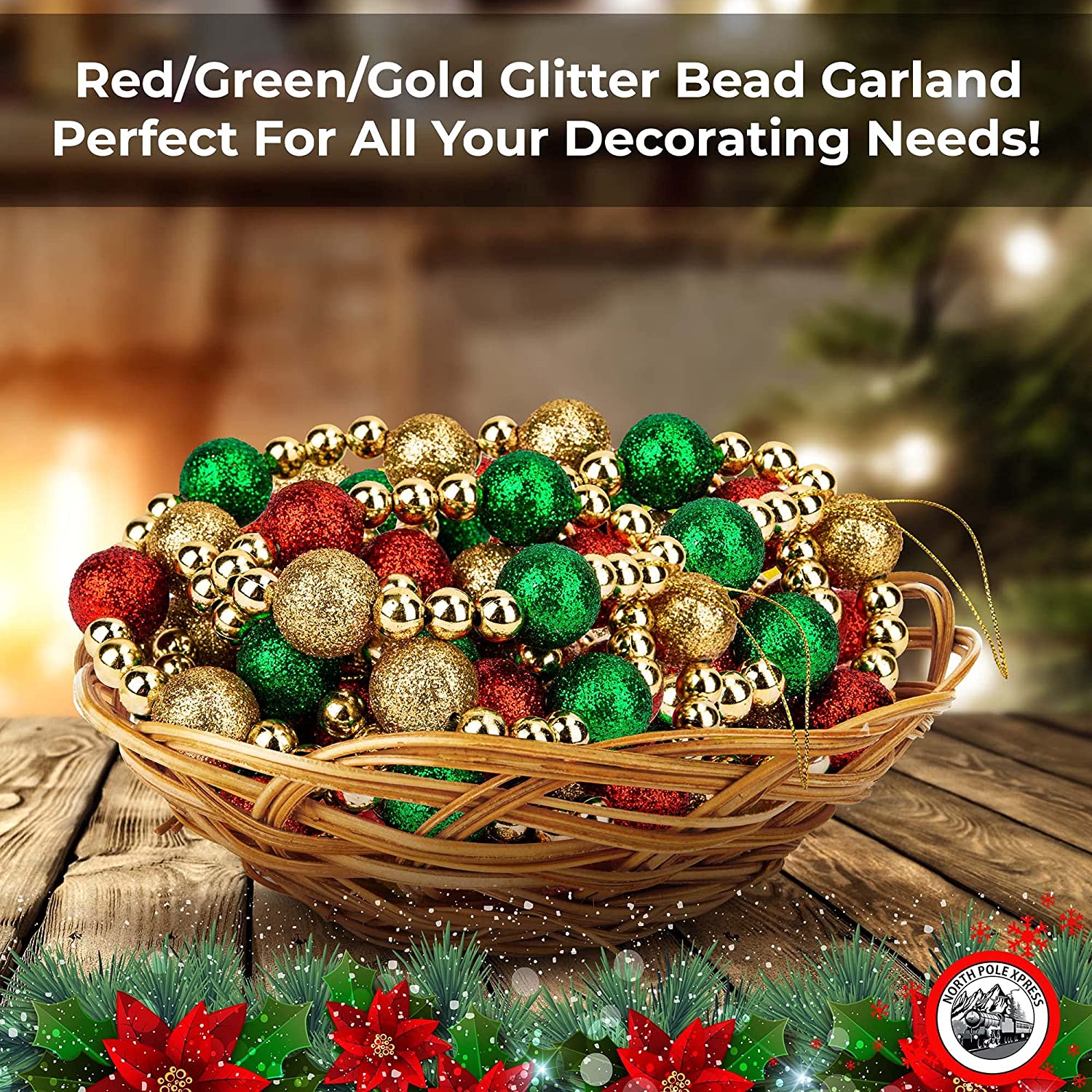 Green decorative wooden bead garland, Christmas tree garland