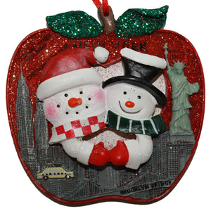 New York City Snowman Couple on Glitter Apple Ornament for Personalization, CC005