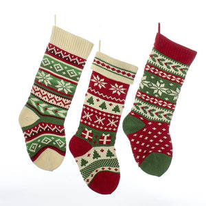 Kurt Adler Red, Green and Ivory Knit Snowflake and Christmas Tree Stockings, 3 Assorted, B0680