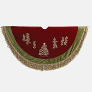 50-Inch Burgundy Velvet Ribbon Tree Skirt With Green Tassel Border, C1202