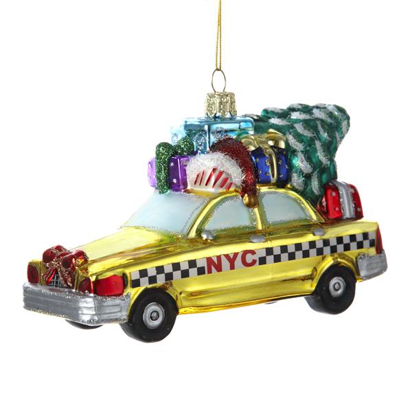 Kurt Adler New York City Checker Taxi With Tree Glass Ornament, C4172