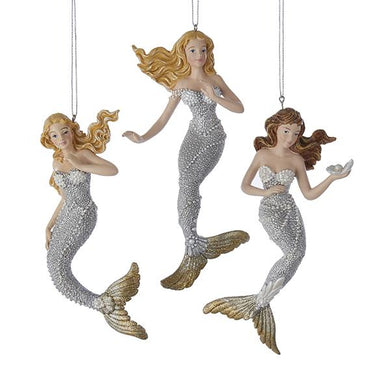 Kurt Adler Silver and Gold Under The Sea Mermaid Ornaments, 3 Assorted, C6794