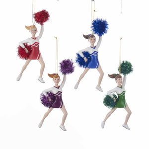 Kurt Adler Cheerleader With Pom Pom Ornaments, Red, Green Blue, Purple , C7689