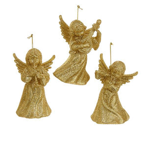 Kurt Adler Gold Glitter Angel With Instrument Ornaments, 3 Assorted, D1287