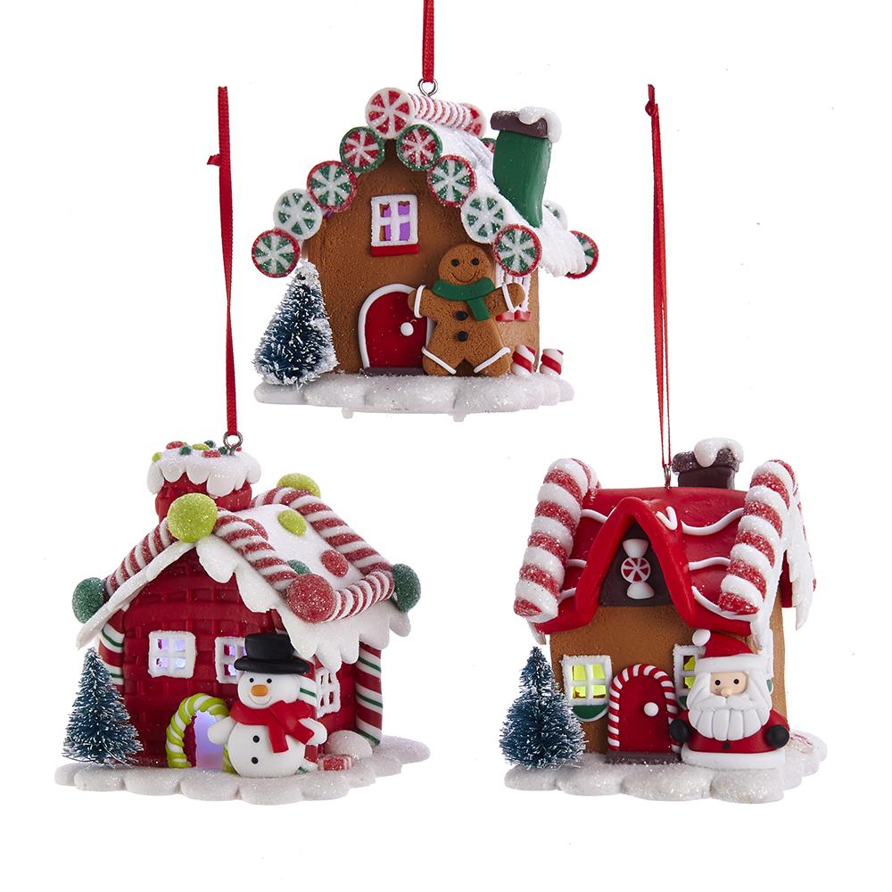 Kurt Adler BATTERY-OPERATED LED GINGERBREAD HOUSE ORNAMENTS, 3 ASSORTED, D3619