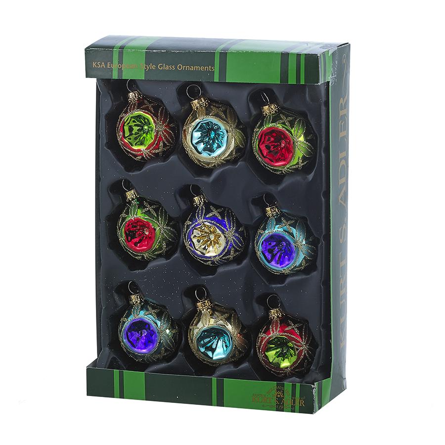 Kurt Adler 45MM Miniature Multi-Colored Glass Reflector Ornaments, 9-Piece Box Set, GG0664