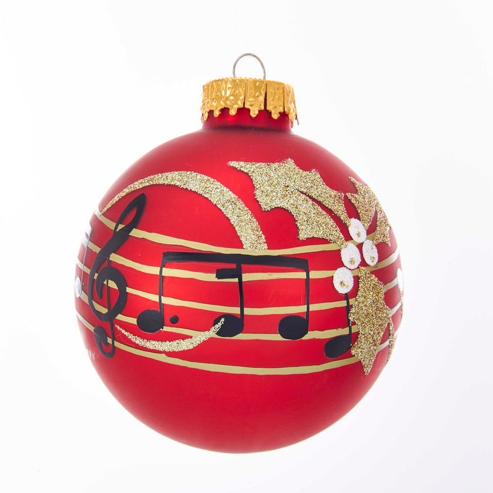 Kurt Adler 80MM Carnegie Hall Red With Music Notes Glass Ball Ornament, GG0912