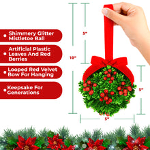 5" Glitter Mistletoe Kissing Ball Christmas Ornament - Hanging Mistletoe Decoration for Doorway