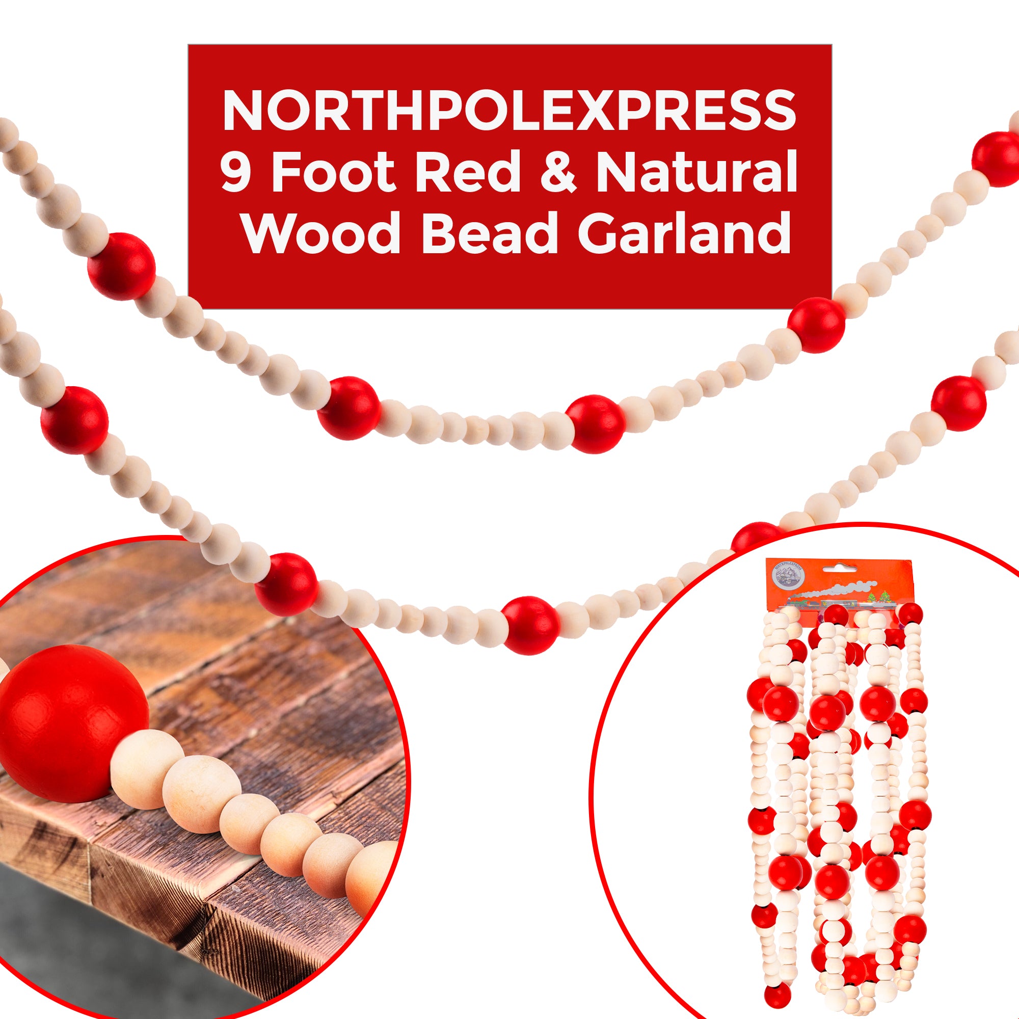 Col House Designs - Wholesale Red & Natural Bead Garland, 5ft