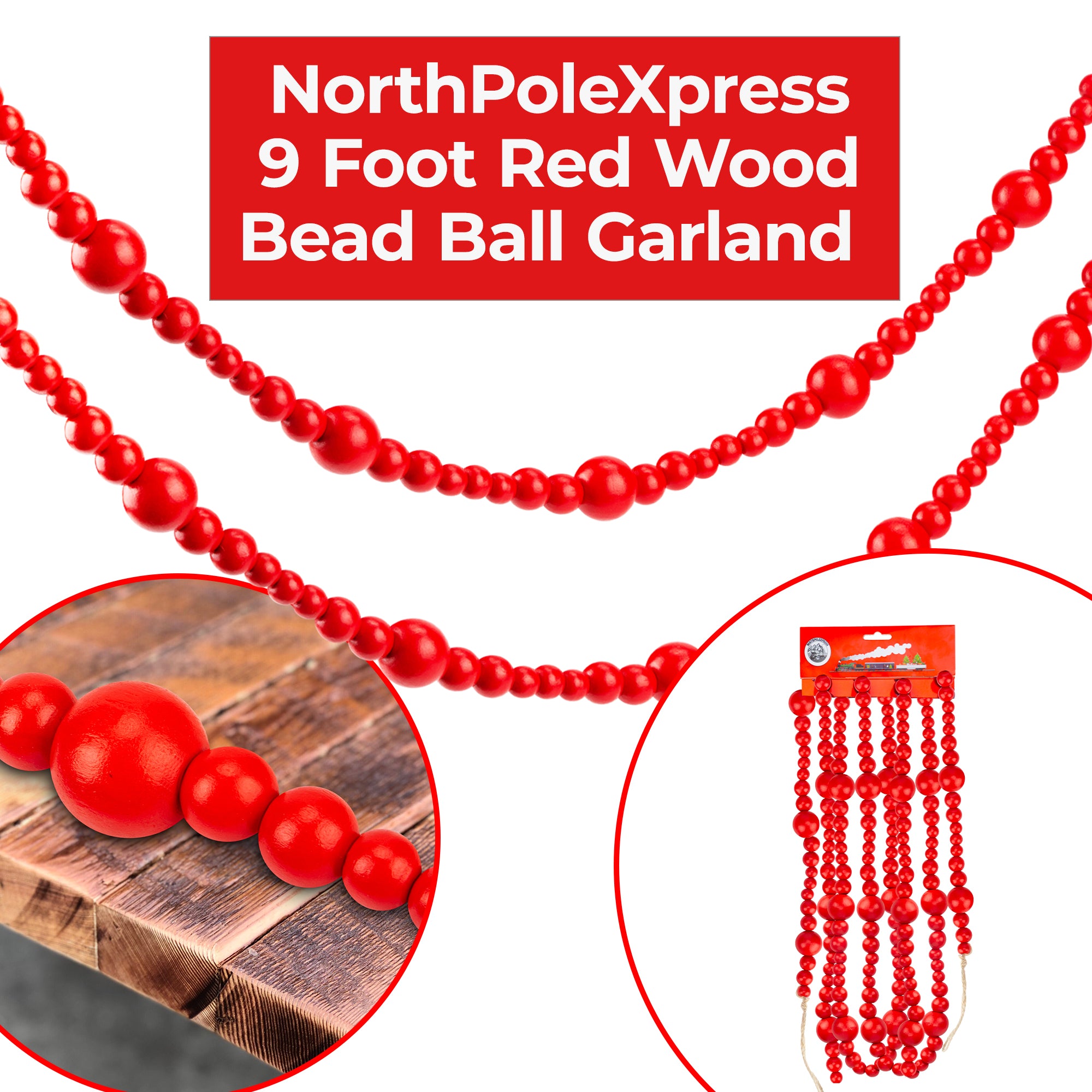 9 Foot Red Wood Bead Ball Christmas Garland – ChristmasCottage
