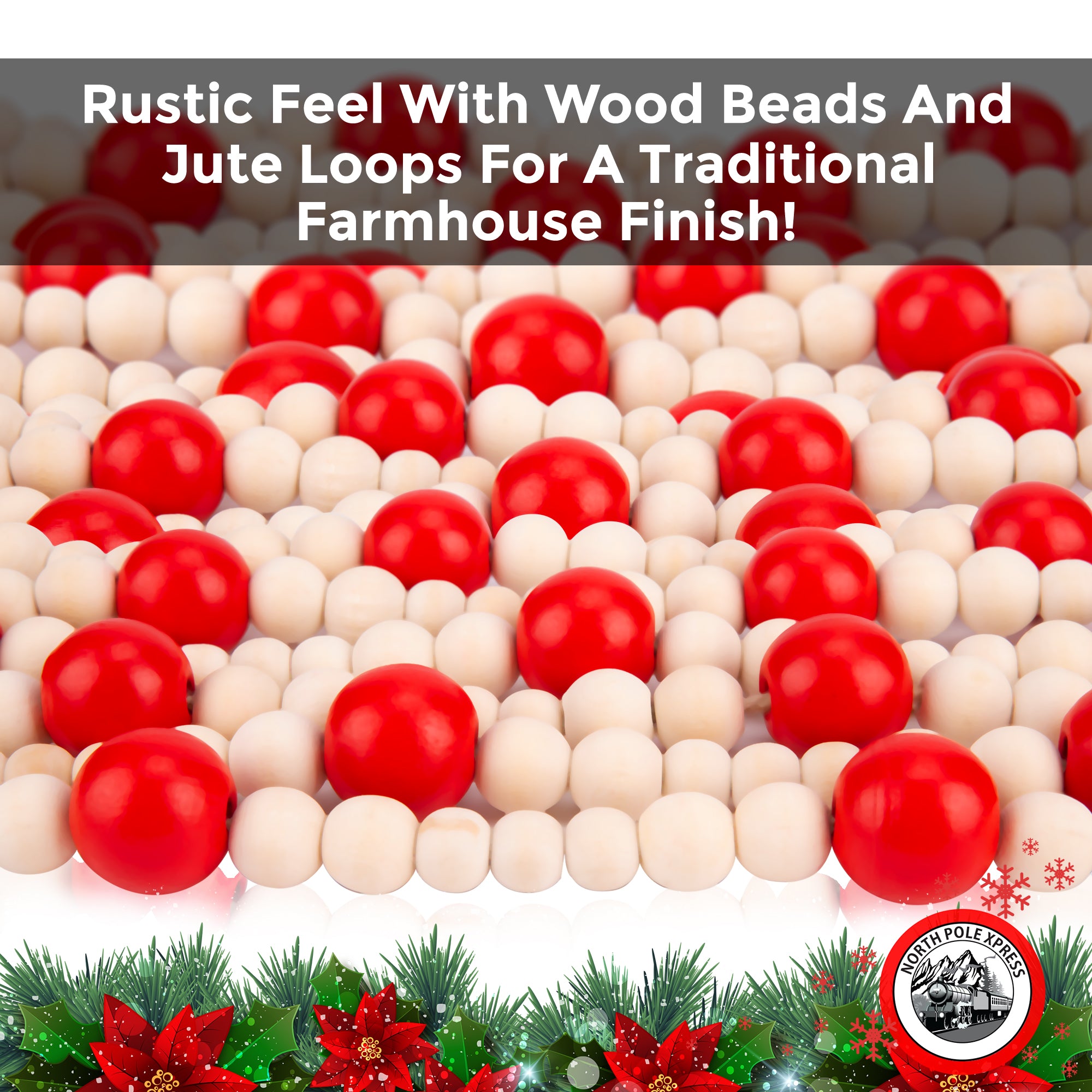 9 Foot Red & Natural Wood Bead Ball Christmas Tree Garland