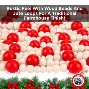 9 Foot Red & Natural Wood Bead Ball Christmas Tree Garland | Assorted Wood Bead Sizes, Rustic Country Farmhouse Vintage Decoration for Home