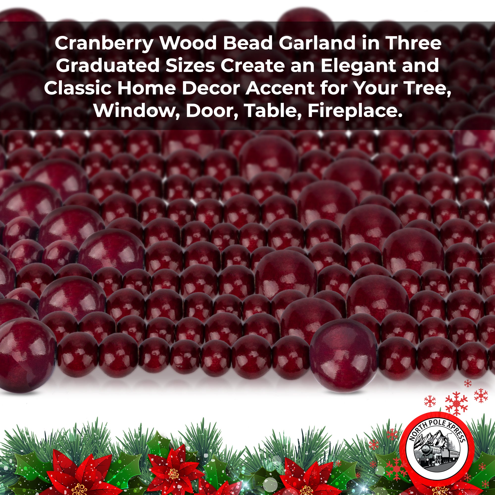 9 Foot Cranberry Burgundy Wood Bead Christmas Garland, Rustic