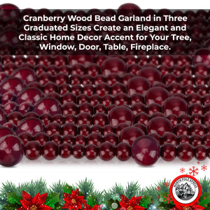 9 Foot Cranberry Burgundy Wood Bead Ball Christmas Garland | Assorted Size Wood Bead Garland, Elegant, Rustic Natural Country Farm Vintage