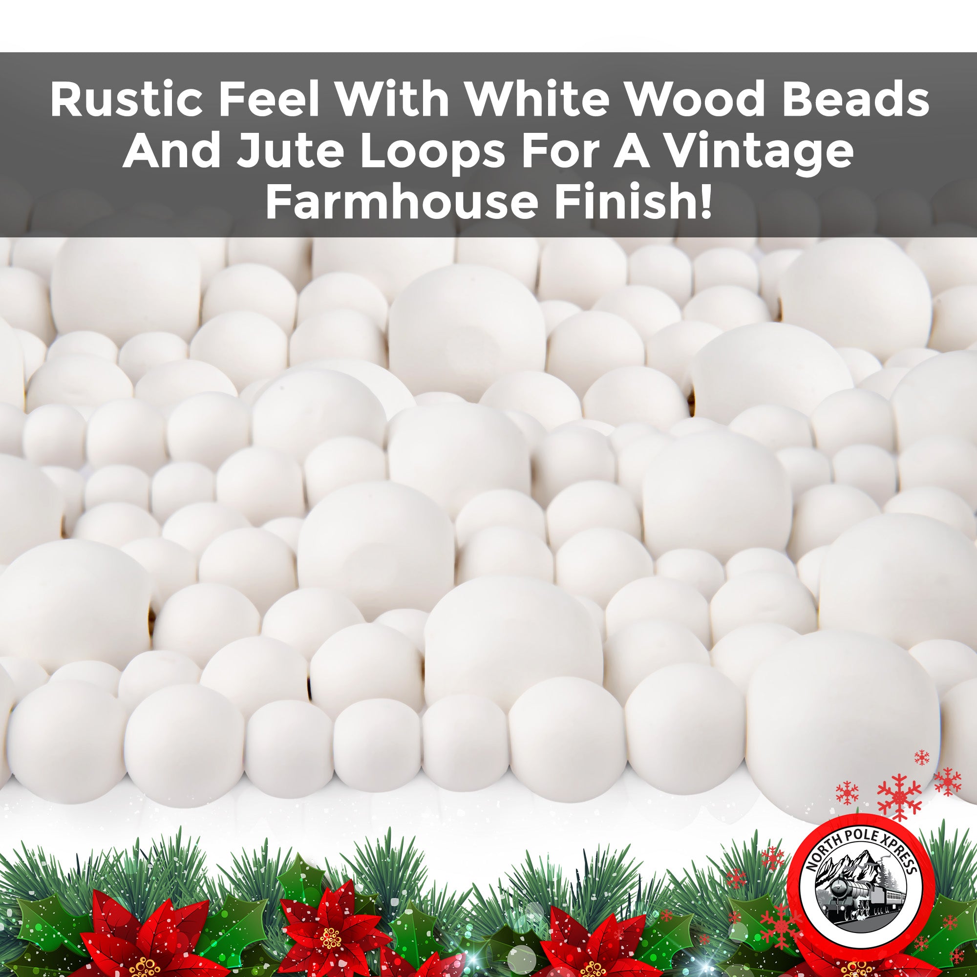 9-Foot Vintage Rustic White, Silver and Unfinished Wood Bead