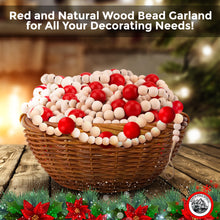 9 Foot Red & Natural Wood Bead Ball Christmas Tree Garland | Assorted Wood Bead Sizes, Rustic Country Farmhouse Vintage Decoration for Home