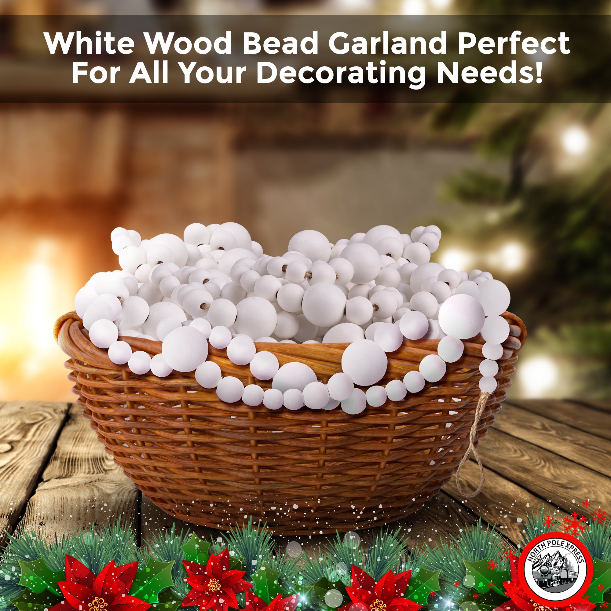 9 Foot White Wood Bead Ball Christmas Garland, Assorted Size Wood Bead –  ChristmasCottage