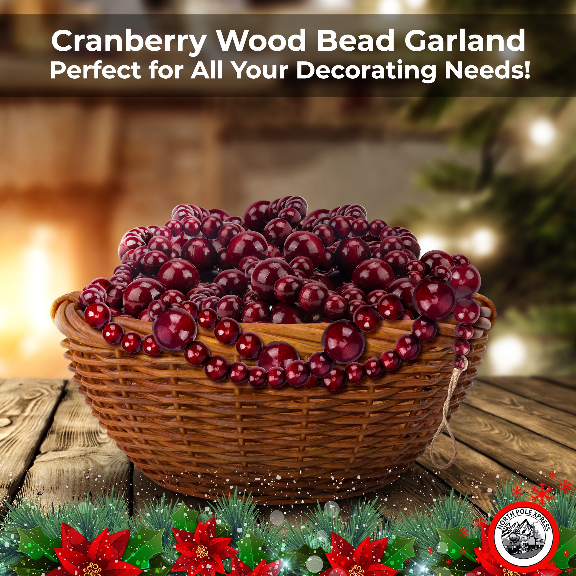 9 Foot Red & Natural Wood Bead Ball Christmas Tree Garland