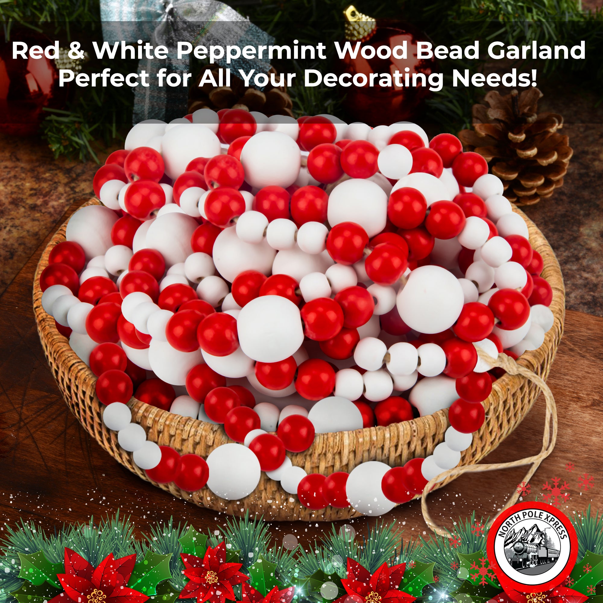 9-Foot x 14MM Wooden Red Beaded Garland