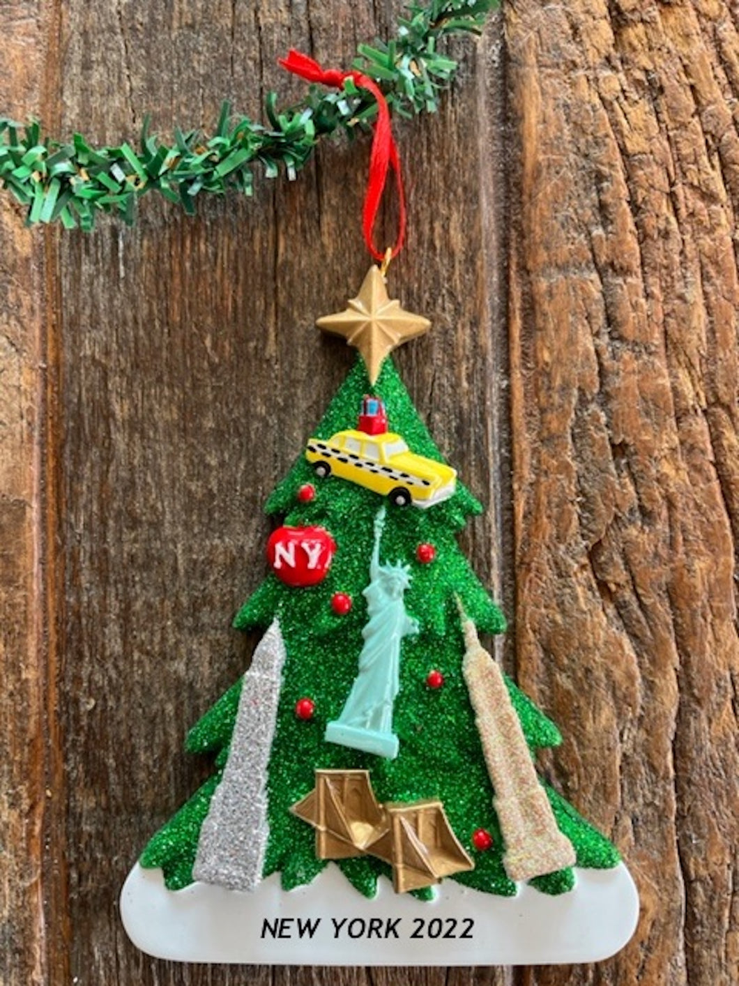 NYC Glitter Christmas Tree with New York Landmark Ornament Personalization