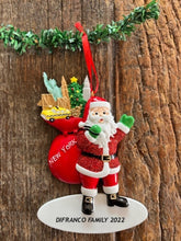 New York Santa Holding Red Sack Filled With Liberty, Taxi Ornament for Personalization