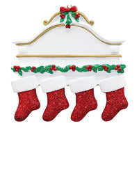 Family Red Glitter Stocking on Fireplace Mantle Ornament Personalization