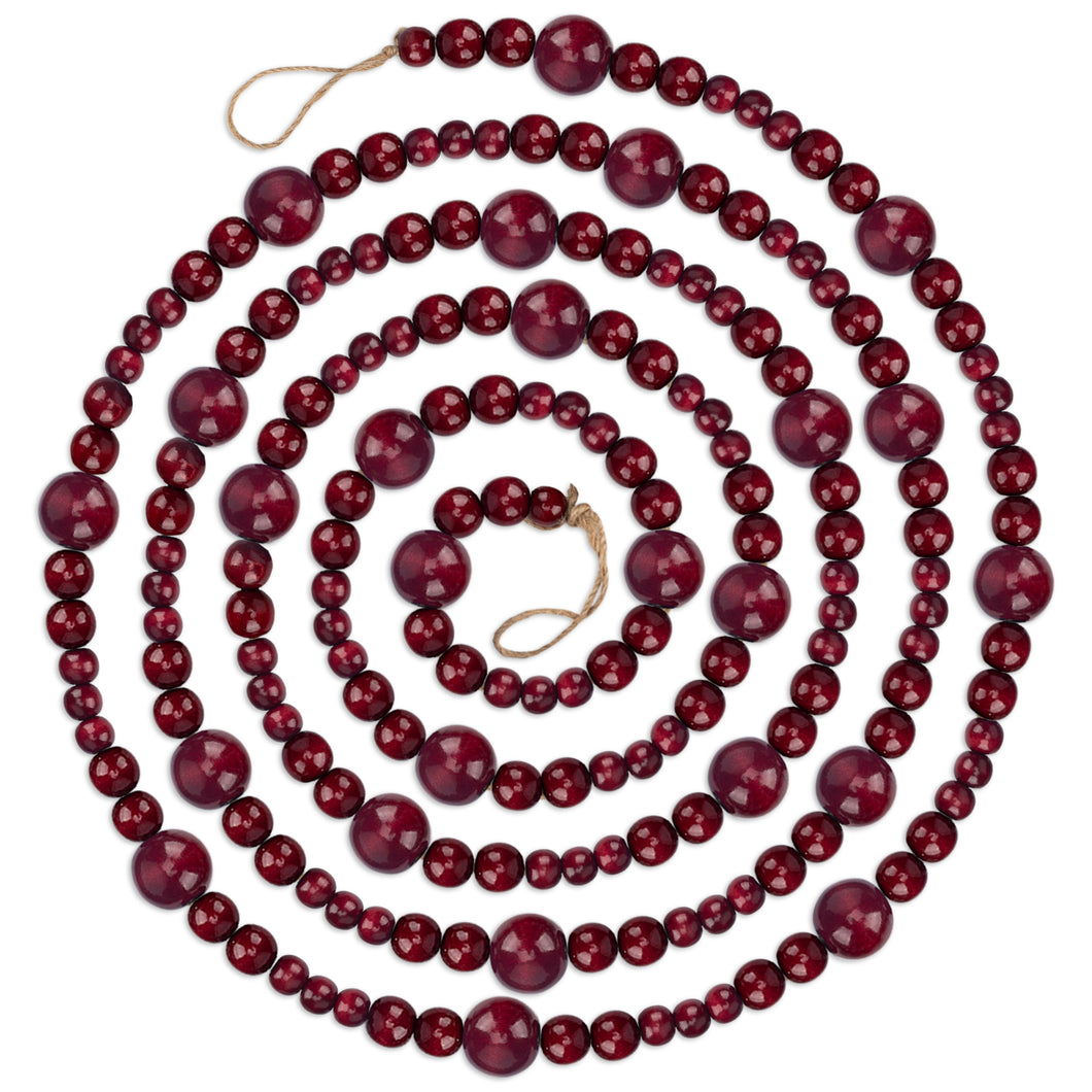 9 Foot Cranberry Burgundy Wood Bead Ball Christmas Garland | Assorted Size Wood Bead Garland, Elegant, Rustic Natural Country Farm Vintage