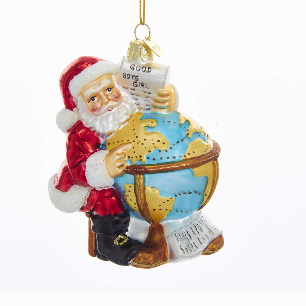 Kurt Adler Noble Gems Glass Santa With Globe Ornament, NB1396