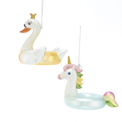 Kurt Adler Noble Gems Swan And Unicorn Float Glass Ornaments, 2 Assorted, NB1465