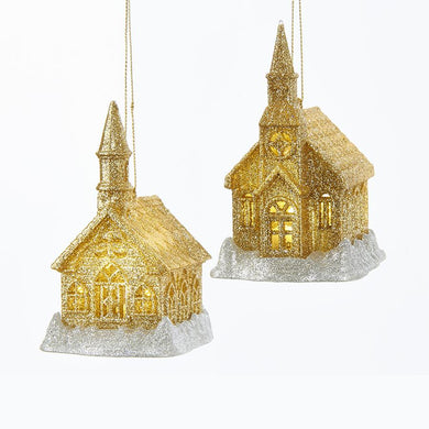 Kurt Adler Battery-Operated Gold and Silver Glitter LED Church Ornaments, 2 Assorted, T2251