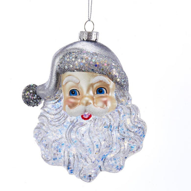 Kurt Adler Glass Santa Face With Silver Giltter Ornament, T2622