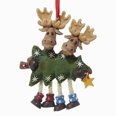 Kurt Adler Moose Couple Carrying A Christmas Tree Ornament For Personalization, W1162