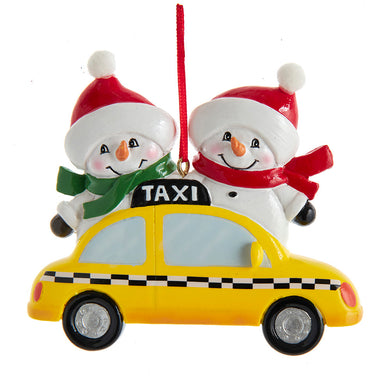 Snowman Couple On Taxi Ornament For Personalization