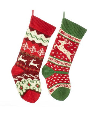 Red, Green and Ivory Knit Reindeer Stockings, 2 Assorted