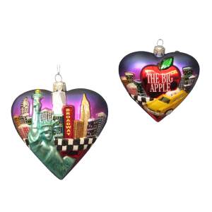 Kurt Adler New York Heart Cityscape Glass Ornament with Liberty, Taxi, Apple, C7548