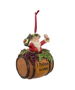 Santa On Wine Barrel Saying "I Believe in Wine" Ornament, D0810