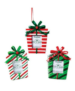 Red and White and Green Gift Box Picture Frame Ornaments, 3 Assorted
