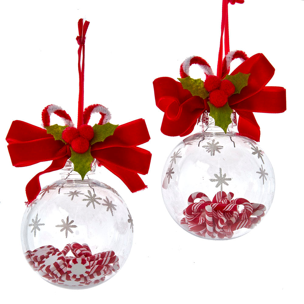 80MM Transparent Ball With Peppermint Ornaments, 2 Assorted