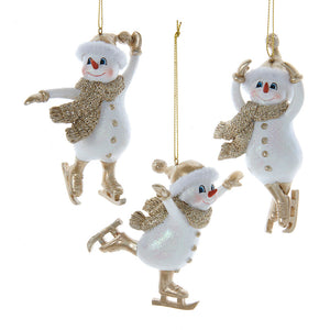 Light Gold and White Ice Skating Snowman Ornaments, 3 Assorted