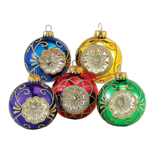 60MM Multicolored Glass Ball Reflector Ornament, 5-Piece Box Set