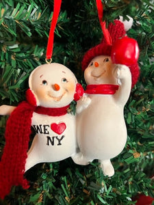 Resin "We Love New York" Family of 2 Snowman Couple Christmas Ornament, CC004