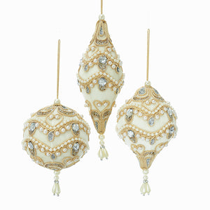 Ivory Velour With Silver, Gold and White Accent ball Ornaments, 3 Assorted