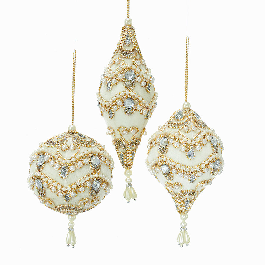 Ivory Velour With Silver, Gold and White Accent ball Ornaments, 3 Assorted