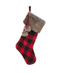 Country Red and Black Plaid Stocking With Brown Faux Fur Cuff and Pom-Poms, SG0172